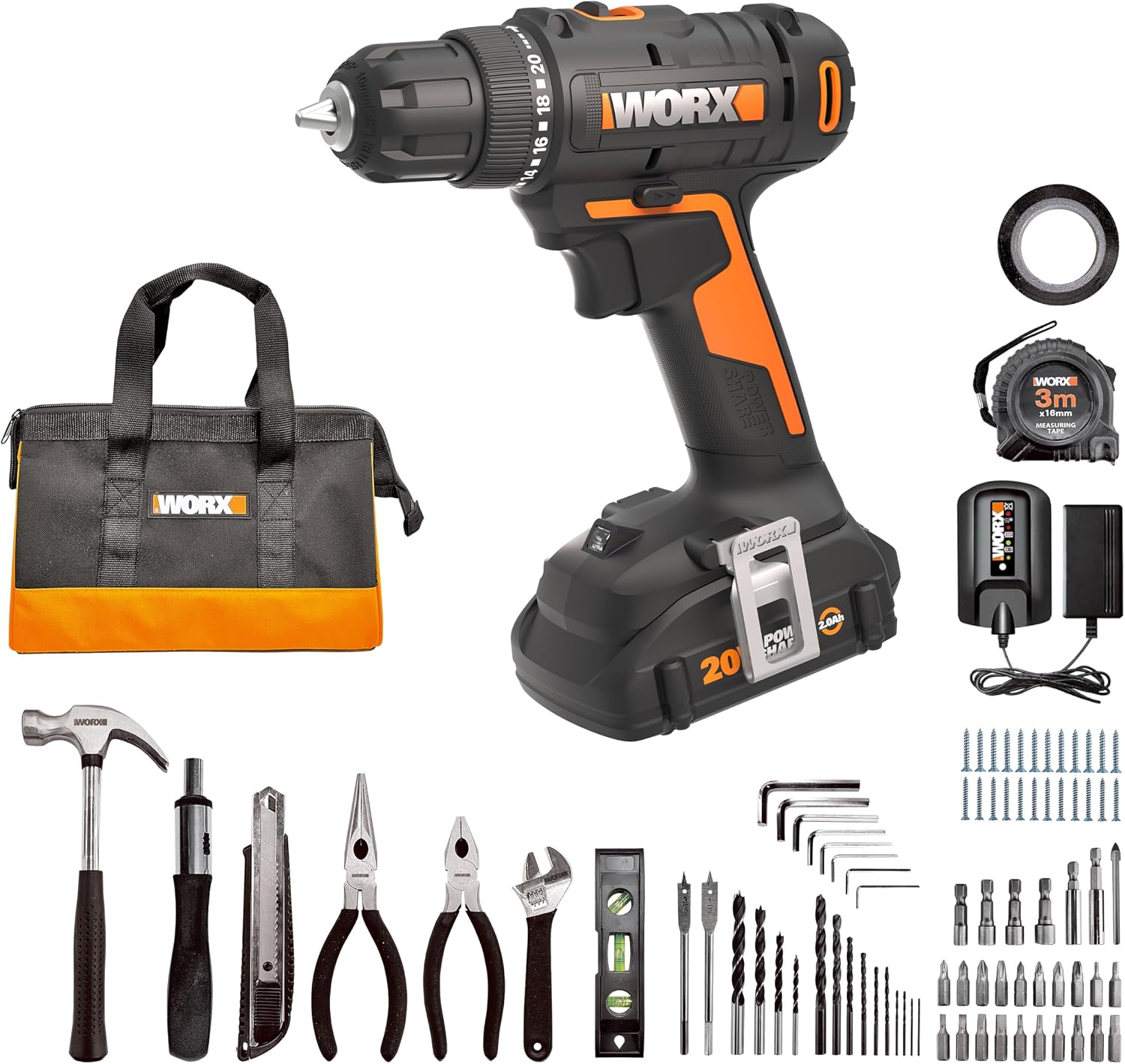 WORX Cordless Drill Driver, 20V 3/8-Inch 84-Piece Kit, WX100L.2