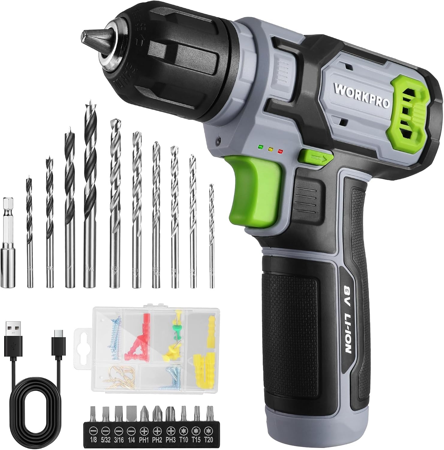 WORKPRO 8V Cordless Drill Set with Battery and Charger, 3/8" Keyless Chuck