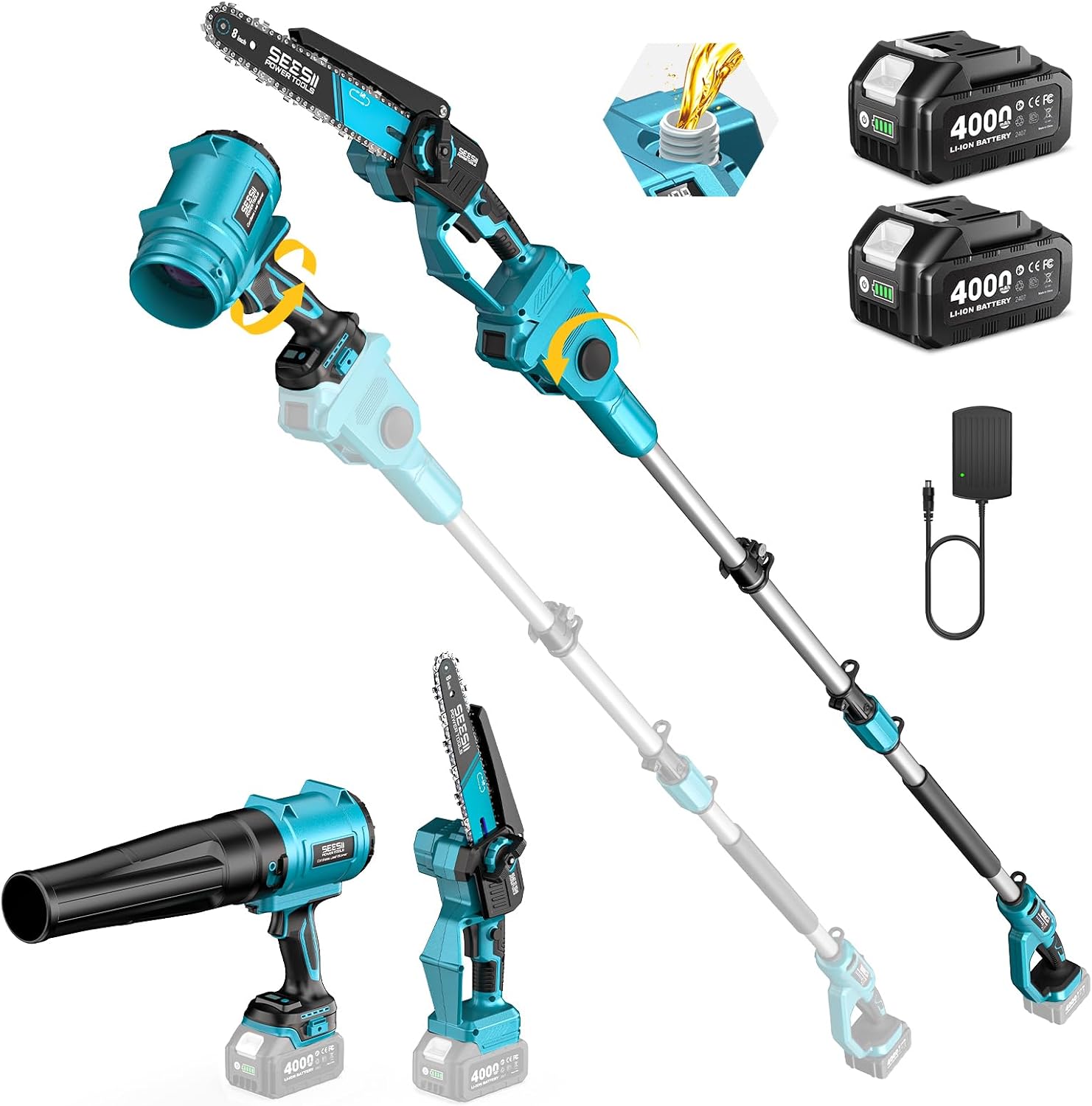 SEESII 4-in-1 Cordless 8 Inch Pole Chainsaw & Leaf Blower Battery Powered