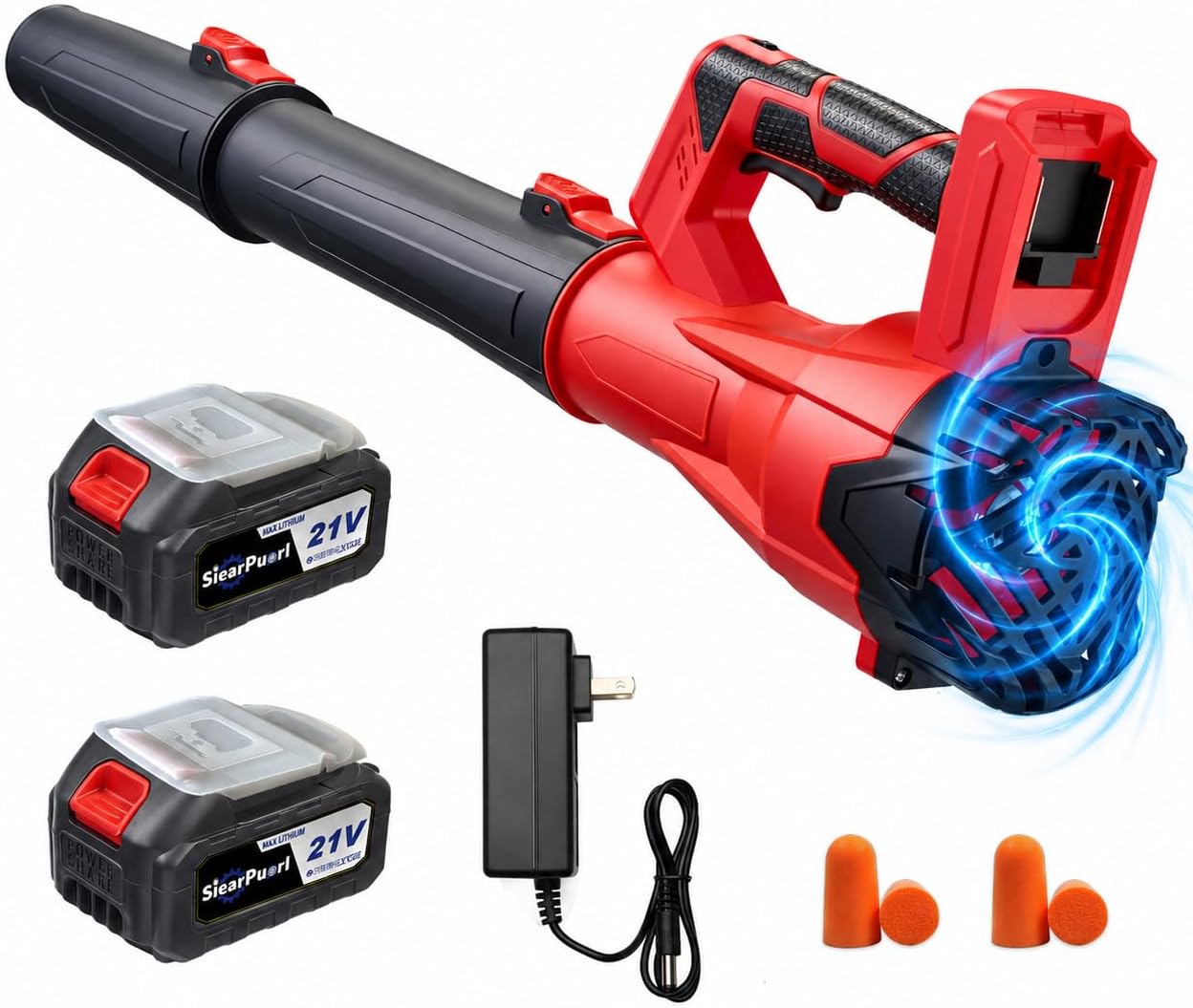 21V cordless leaf blower with two 2600mAh batteries