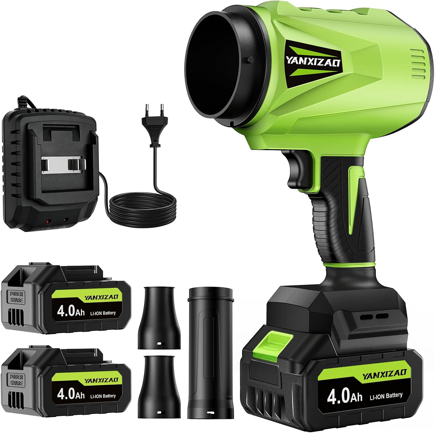Handheld Cordless Leaf Blower with brushless motor, two 4.0Ah batteries, and three nozzles